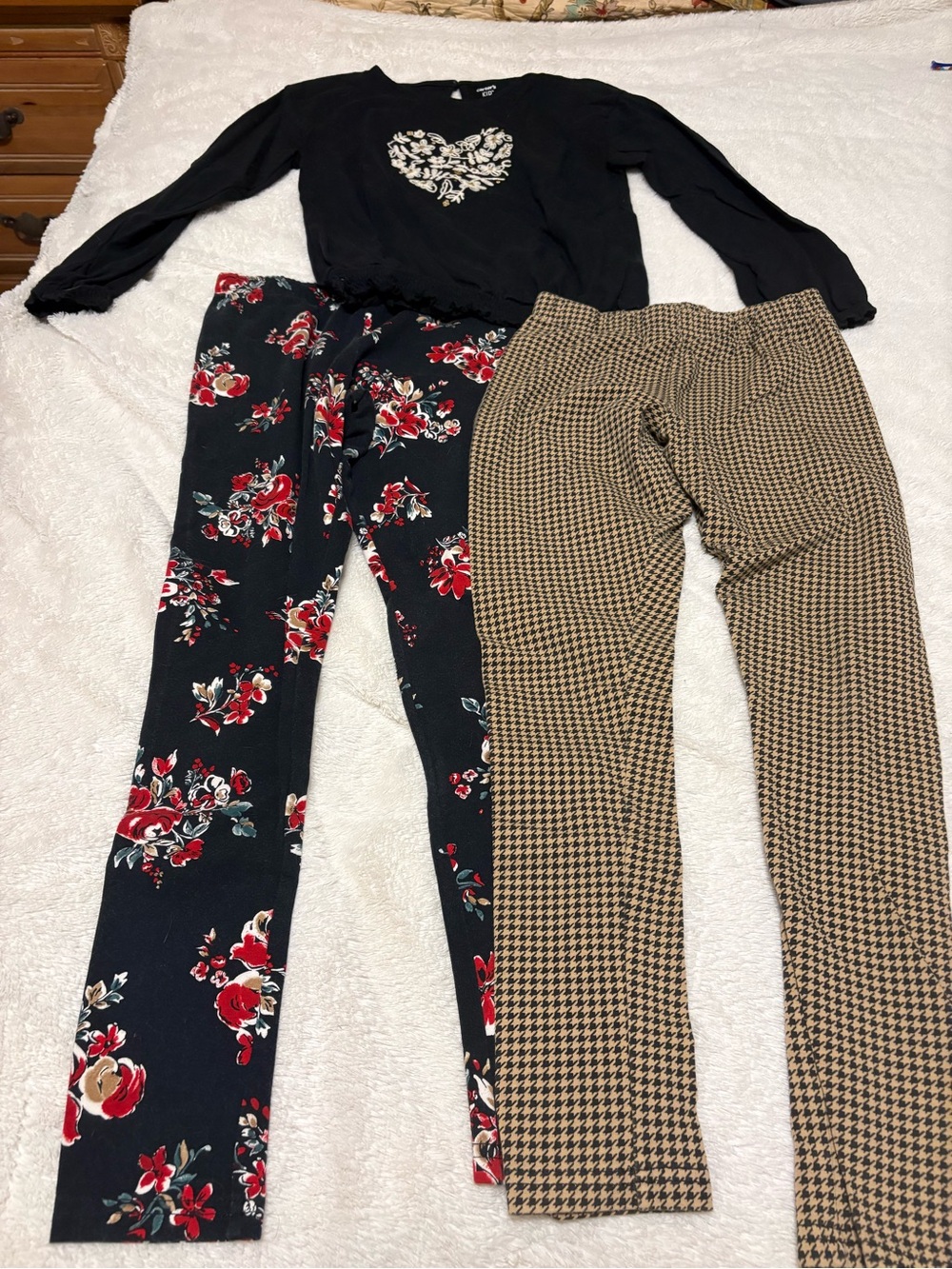 Carter's Black Floral Leggings and Tan Houndstooth Pants - Picture 1 of 5